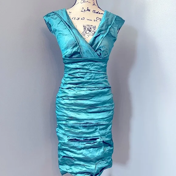 Nicole Miller | Dresses | Stunning Nicole Miller Techno Metal V Neck  Turquoise Cocktail Dress Size 2 | Poshmark